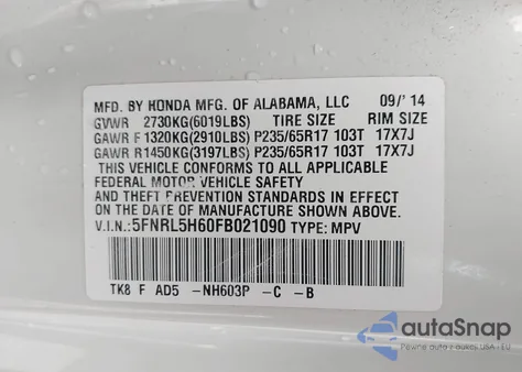 2015 Honda Odyssey Ex-L from USA, damaged, VIN 5FNRL5H60FB021090